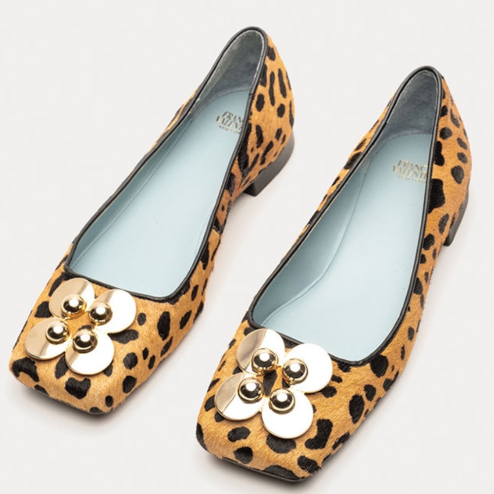 Frances Valentine calf hair square toe Tan Leopard Flats with Gold Accents